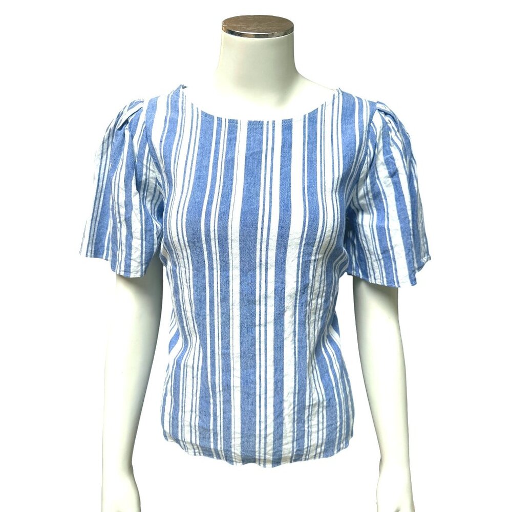 Cabi Striped Linen Blend Top S Blue & White Short Sleeve Keyhole Back